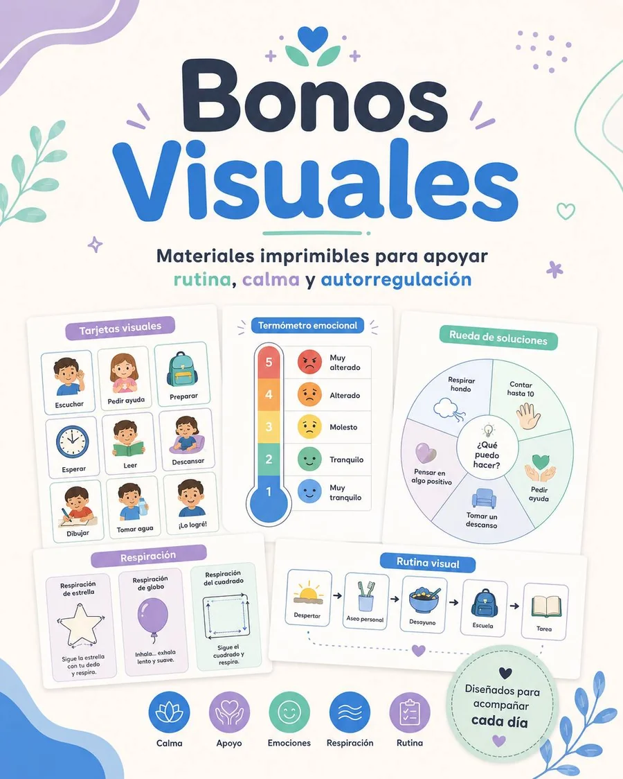 Bonos visuales: tarjetas, termómetro emocional, rueda de soluciones