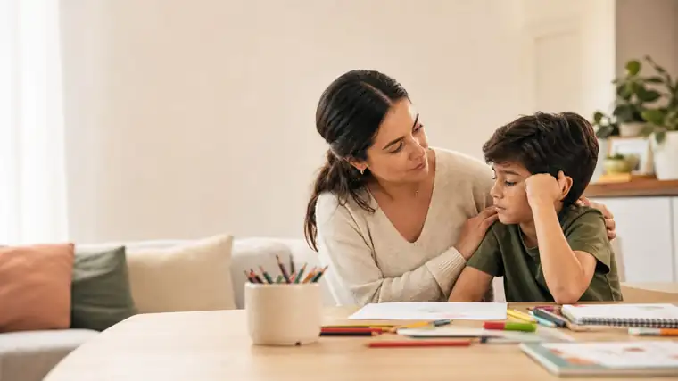 Madre acompañando a su hijo con calma durante una crisis emocional